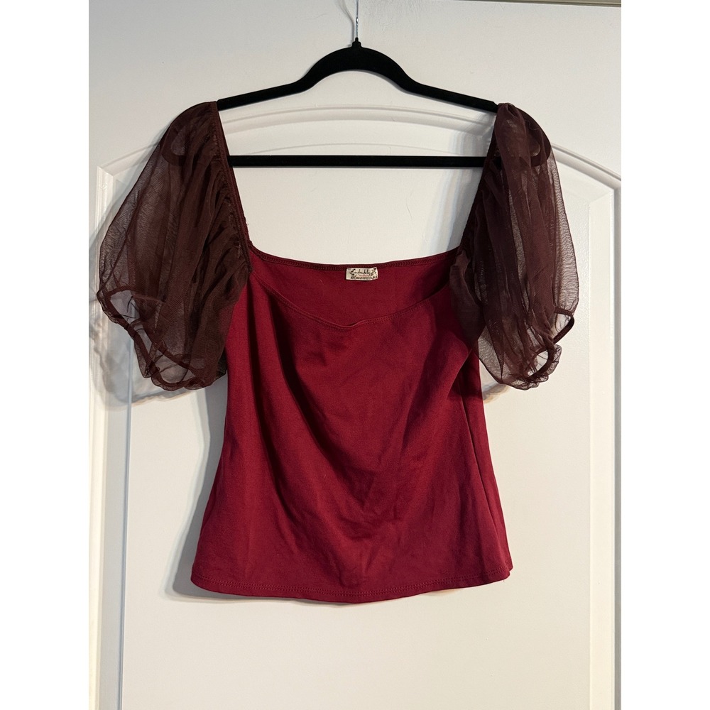 Free People Intimately Top S Burgundy Sheer Puff Sleeve Boho Whimsigoth Chic